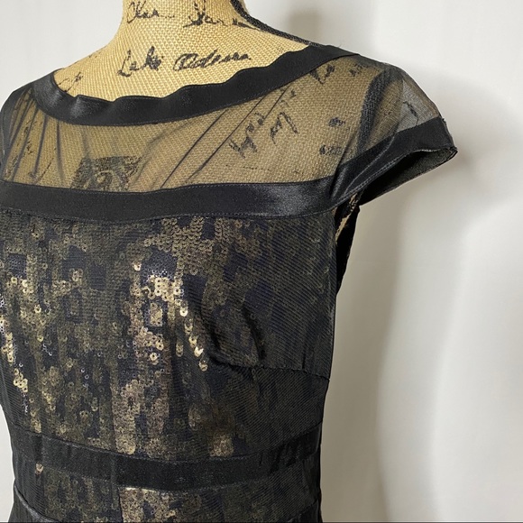 Tadashi Shoji Black Gold Sequin Mesh Dress - Picture 2 of 9